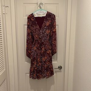 Sandra Darren Burgundy and Orange Floral Long Sleeve Dress